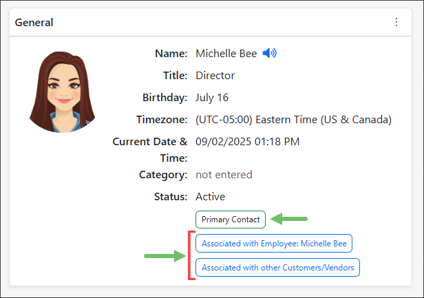 Example of the General Widget on the Contact Dashboard showing the contact's Name, Title, Birthday, Timezone, Current Date & Time, Category, Status, and whether they're the Primary Contact, associated with an Employee, or associated with other Customers/Vendors
