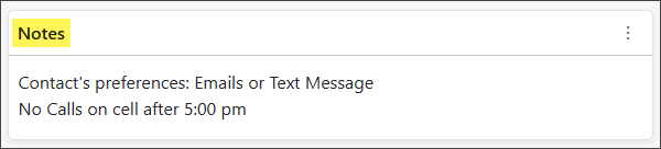 Imaging showing an example of a Notes widget from the Contact Dashboard.