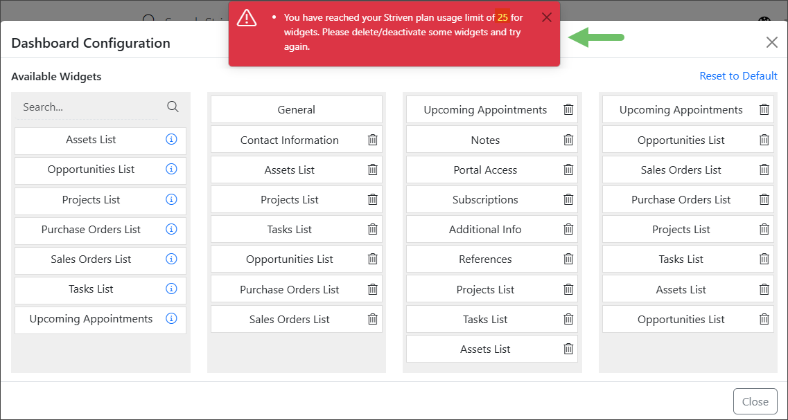 Image indicating the usage limit warning of 25 widgets for the Contact Dashboard