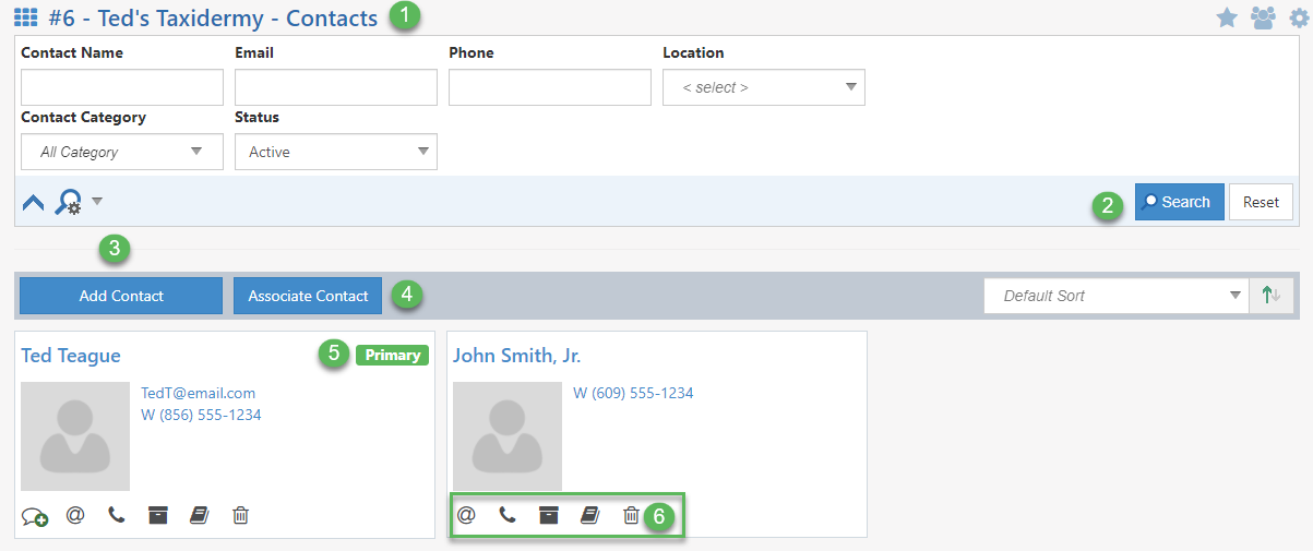 Customer/Vendor contacts page with search, add, associate, primary, and contact info