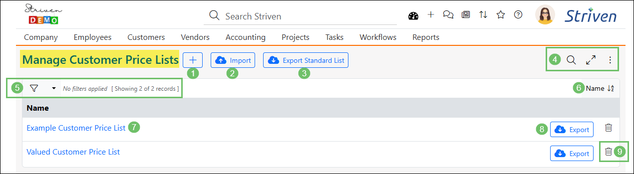 The Manage Customer Price Lists page highlighting features for adding, importing, exporting, searching, sorting, and deactivating Price Lists