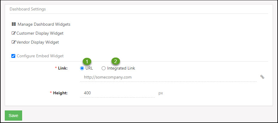 CV Portal Dashboard Settings including the Manage Dashboard Widgets, Customer Display Widget, Vendor Display Widget and Configure Embed Widget options