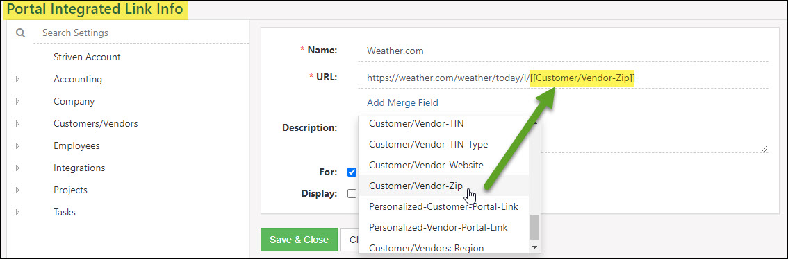 CV Portal Merge Field in Integrated Link URL Settings