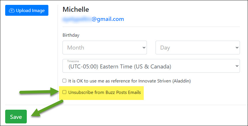 Customer/Vendor Portal My Info Settings options with option to upload image, set birthday, timezone, and option to unsubscribe from Buzz Post emails