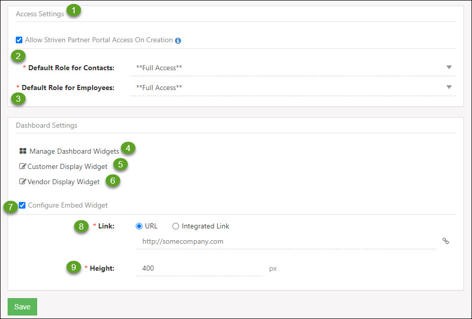 Customer/Vendor portal settings with options for default role for contacts, default role for employees, dashboard settings to manage widgets for customers and vendors, and setting to embed link widget