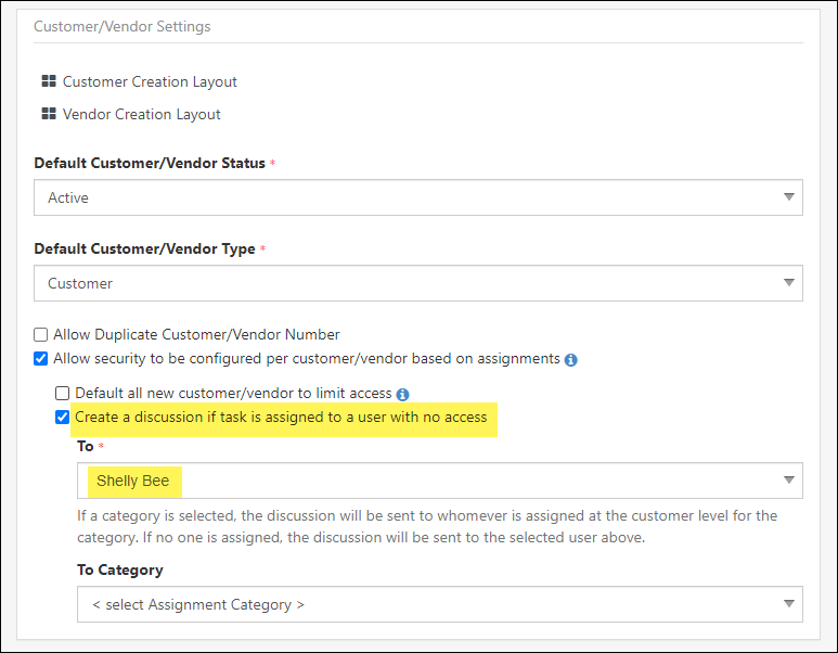 CV Settings to create discussion if a task is assigned to a user without access and option of who to set as recipient