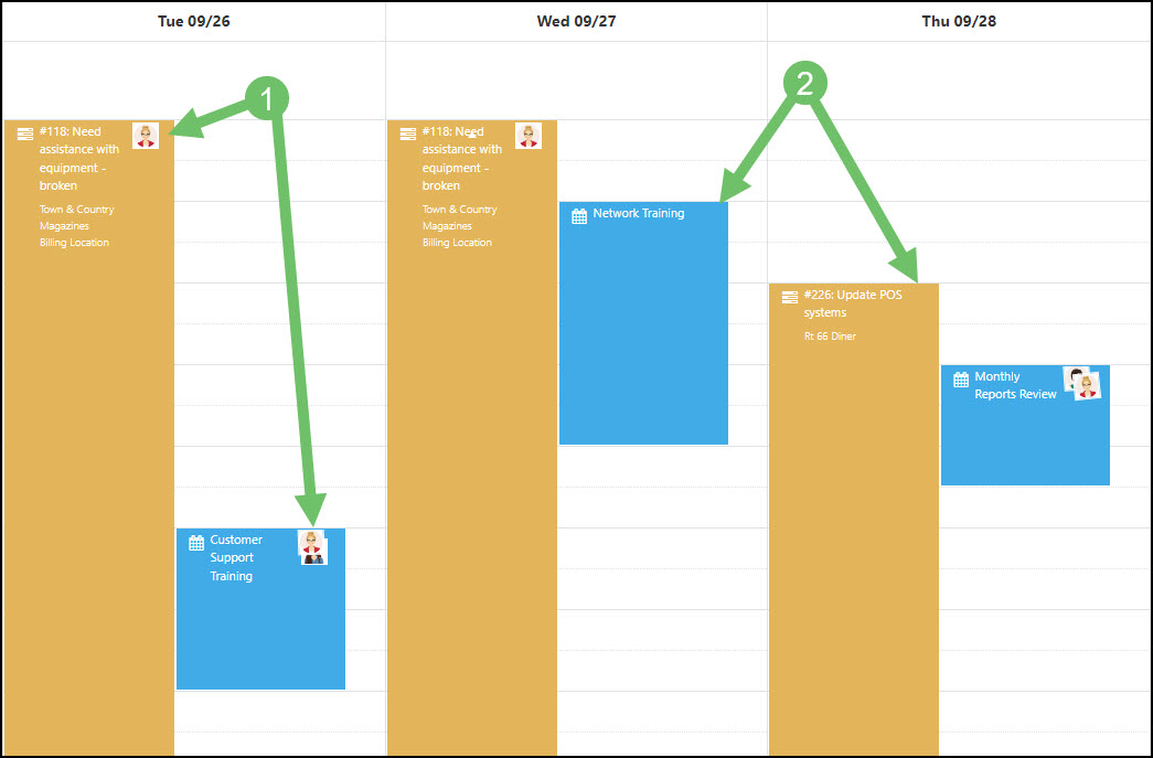 Example of Events on a Striven Calendar. Displays the difference between Events with less than 5 Attendees