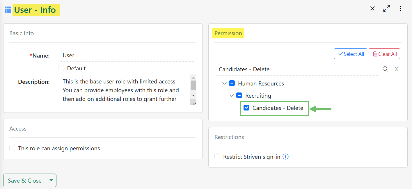 User Role settings showing the user role permission needed to delete candidates in Striven