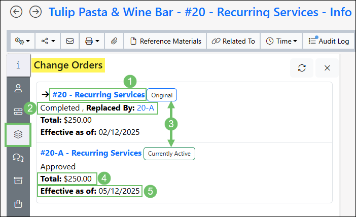 Example of the Change Orders Tab on a Sales Order