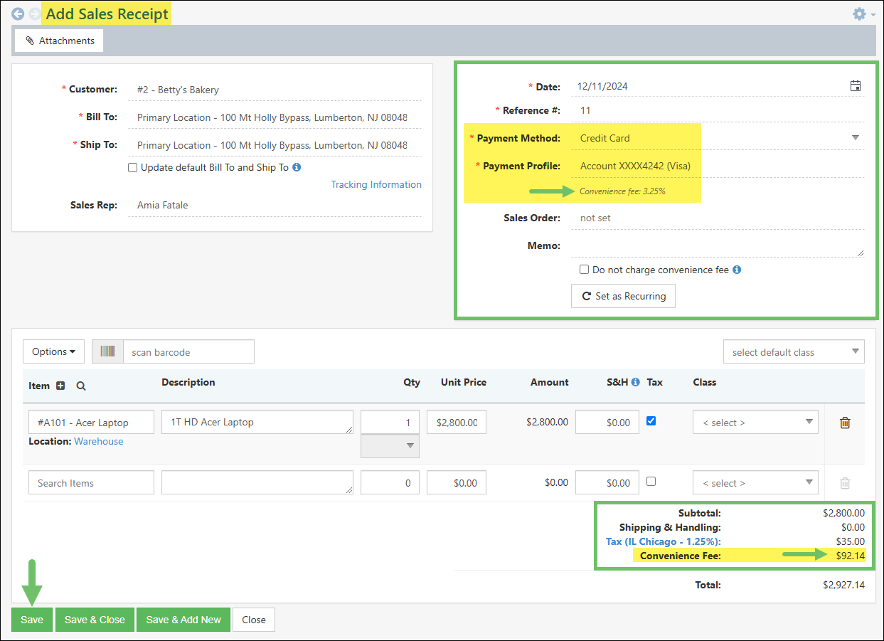 Add Sales Receipt page for Credit Card to charge a Convenience Fee