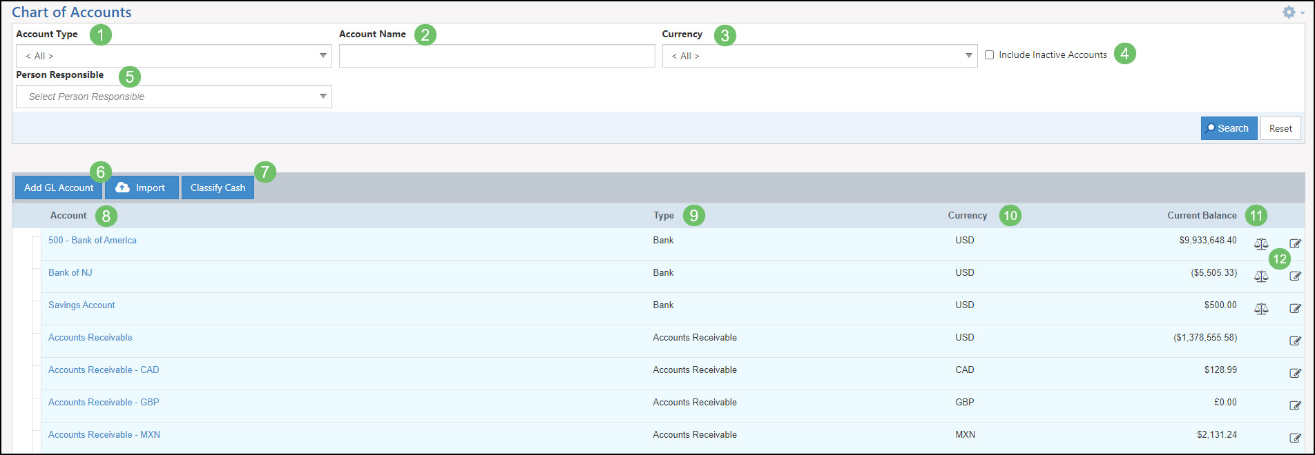 Image of the Chart of Accounts page within Striven