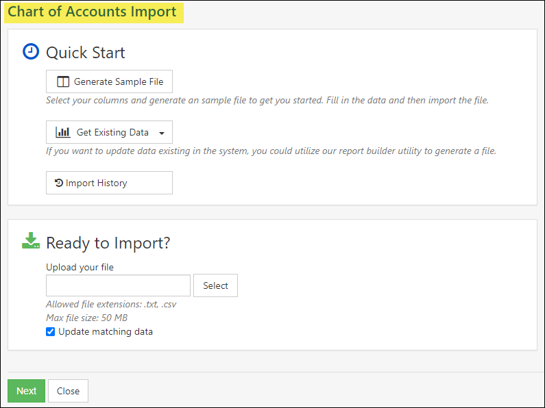 Chart of Accounts Import Page including generate sample file, get existing data, import history upload and match data