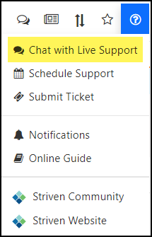 Chat with Live Support option on the Profile menu in Striven