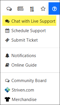 Chat with Live Support option on the Profile menu in Striven