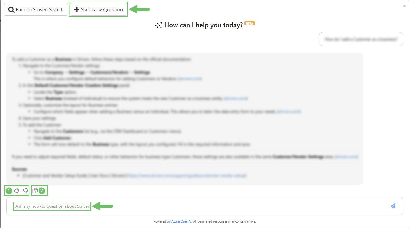 Example of feedback options when chatting with the AI in Striven Search