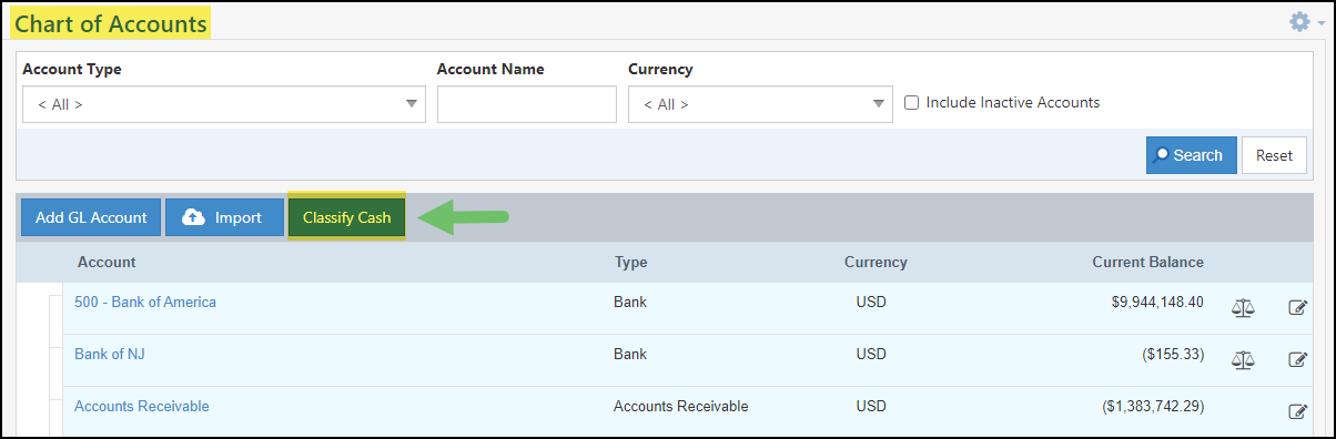 Classify Cash button as displayed on the Chart of Accounts Page