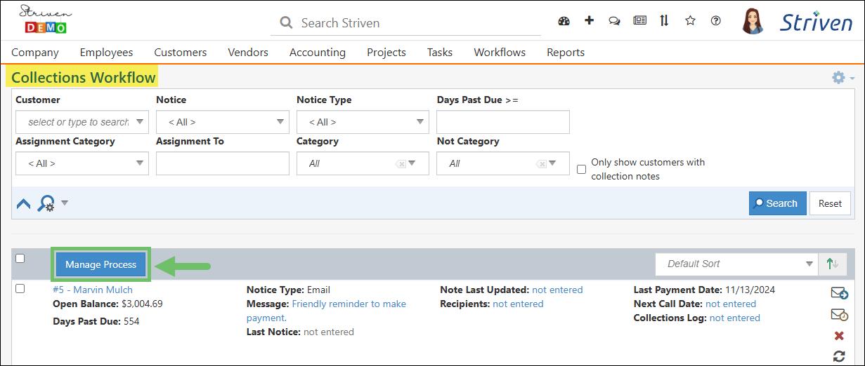 Collections Workflow Queue page highlighting the Manage Process button
