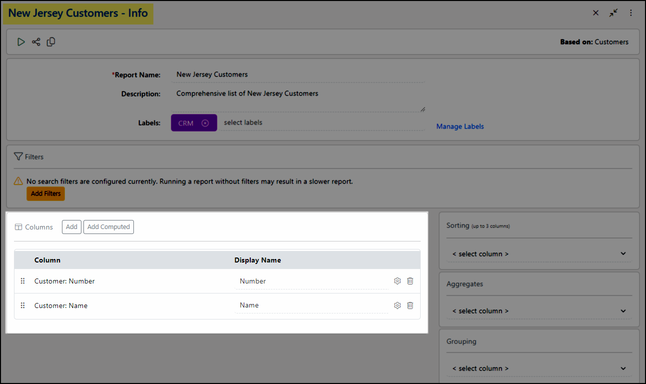 Image of the Report - Info page highlighting the Columns section