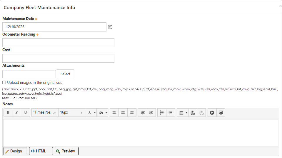 Example of the Company Fleet Maintenance Info page showing the accepted attachment file types