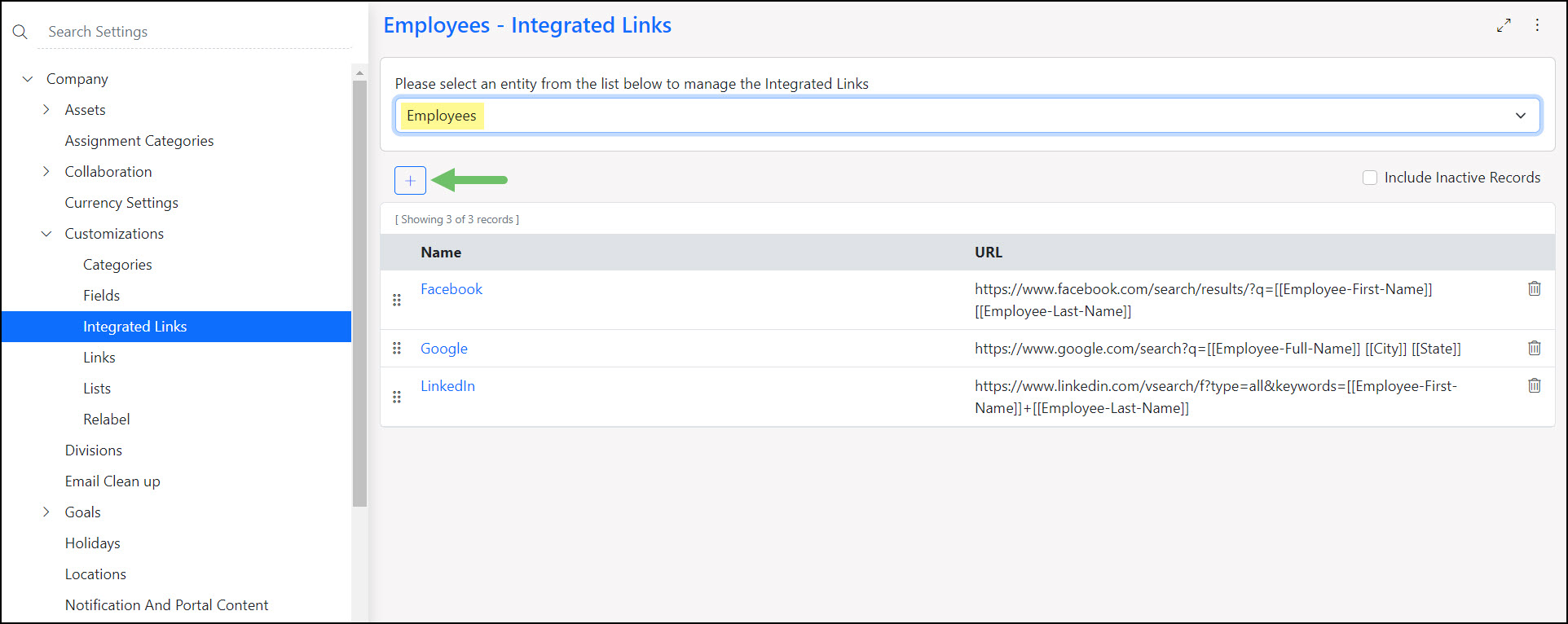 Image of the Integrated Links section of Company Settings within Striven