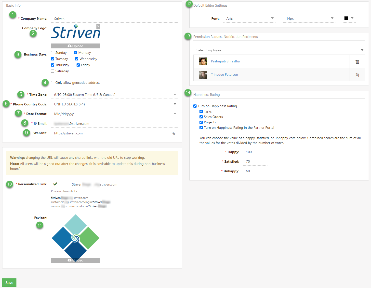 Company Settings Page with system settings options for your company on striven