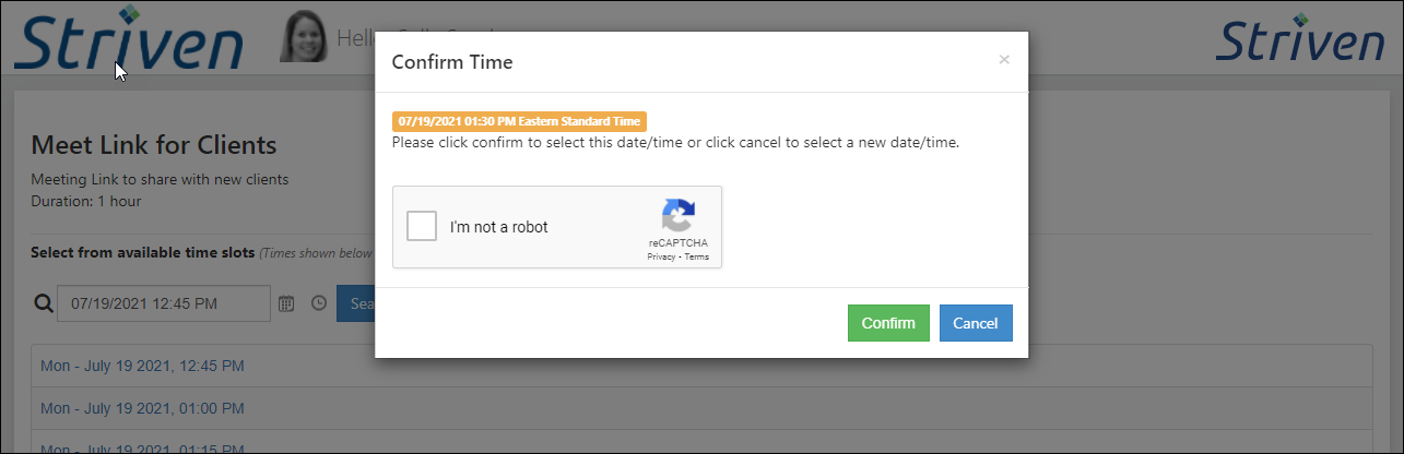 Confirm time popup showing date and time selected and reCaptcha checkbox