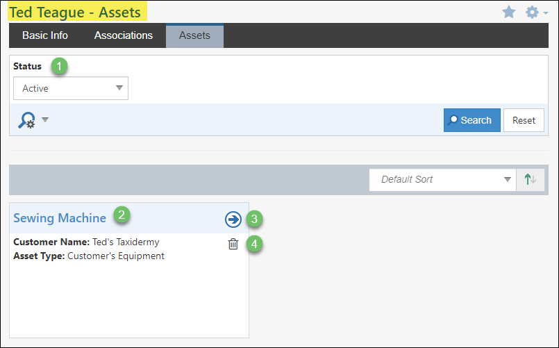 Contact Assets page showing active asset related to the contact