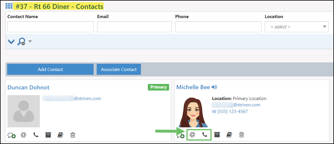 Example of accessing the Contact Information card for a contact, from the Customer-Vendor contact list
