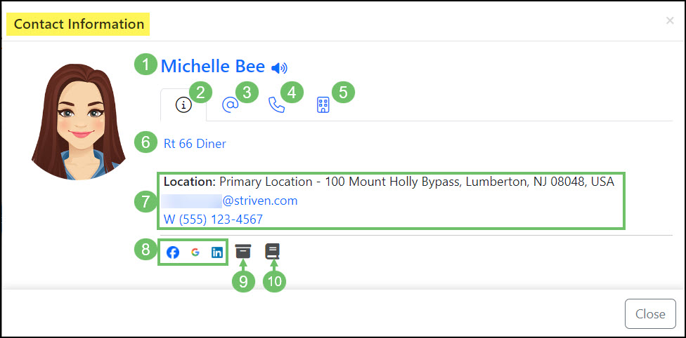 Example of a Contact Information Card when viewed from the Customer-Vendor Contact List