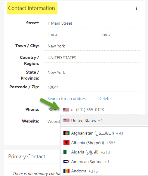 International Phone Number country code options