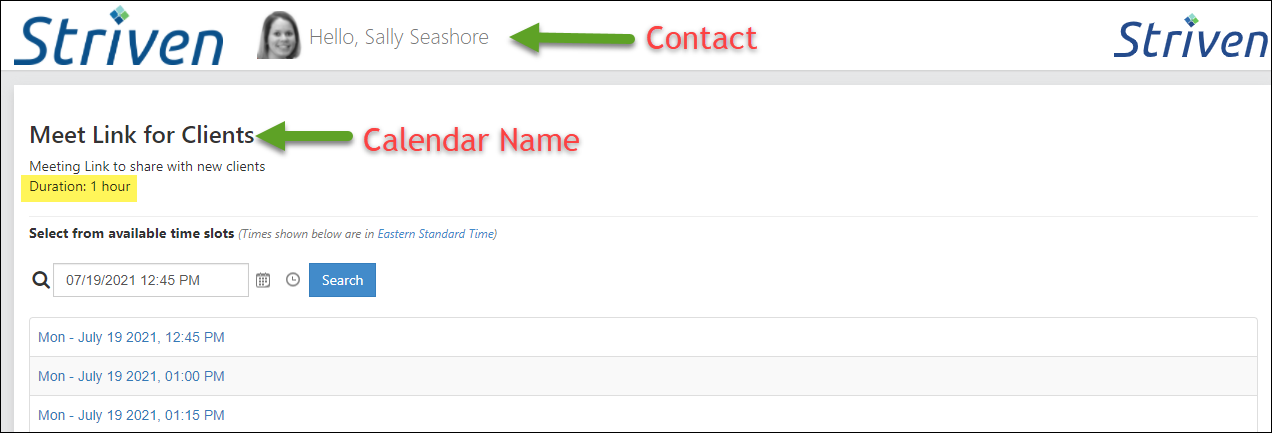 Contact Link View including calendar name, duration, contact, and available time slots