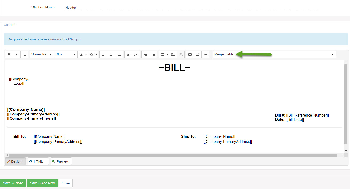 Bill Format Content Section displaying printable format options