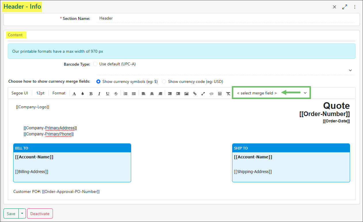 Example of a Content section as a Header for a Sales Order format