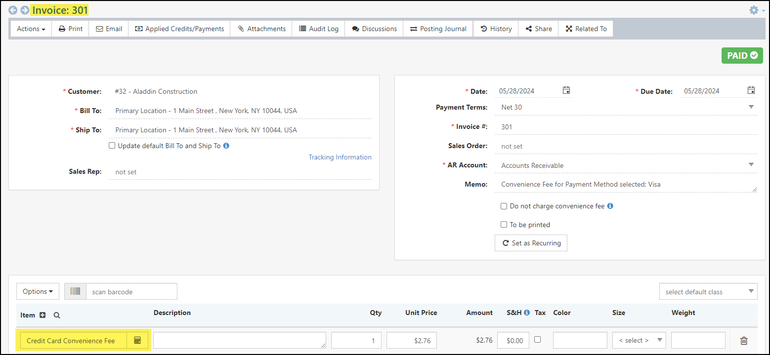 Image of a convenience fee line item on a paid invoice