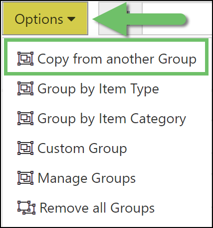 Image of the Sales Order Line Item Grouping Options highlighting 
