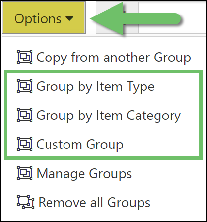 Image of the Sales Order Line Item Grouping Options highlighting the Group By Options
