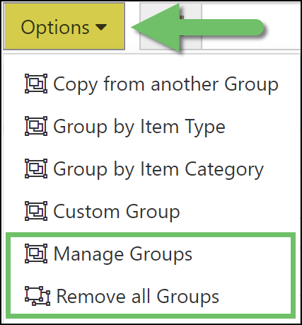 Image of the Sales Order Line Item Grouping Options highlighting Manage Group Options