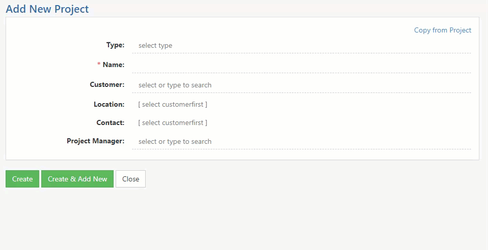 Animated gif demonstrating Copy from Project option pre-populating details