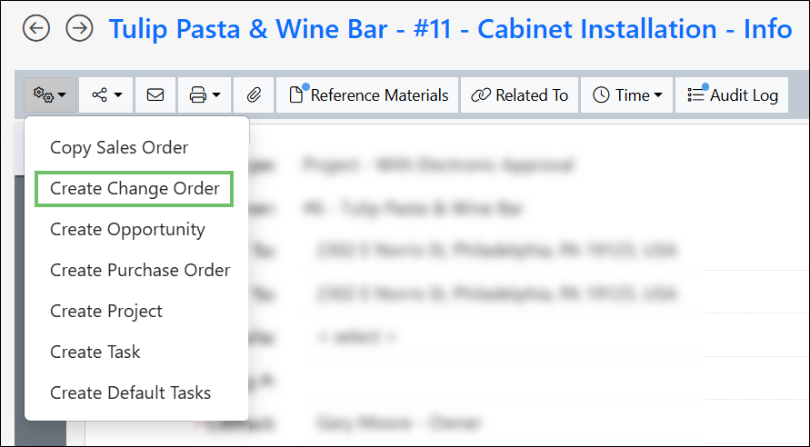 Example of the Create Change Order Option
