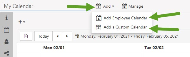 Add Calendar Menu Options including add employee calendar and add a custom calendar