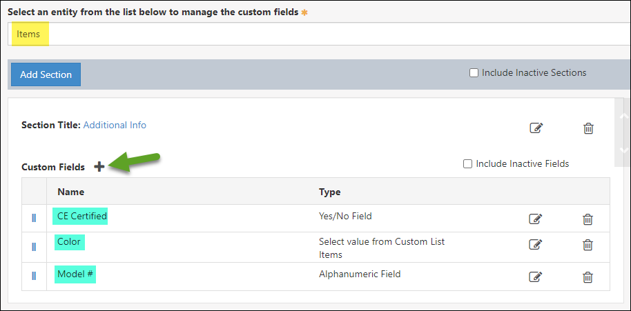 Creating Custom Fields in Items in Custom Fields Settings