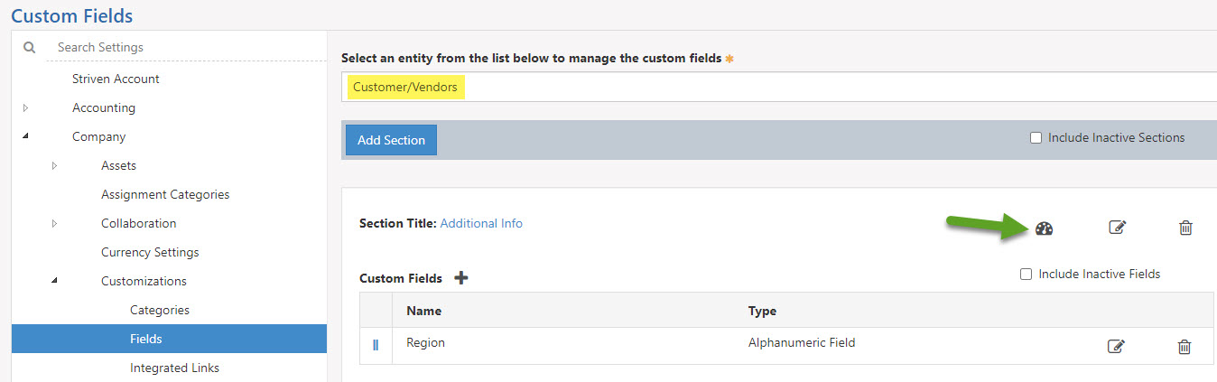 Custom Field settings including the ability to add a selection, publish the fields to a dashboard, edit fields, deactivate fields, or add new fields.