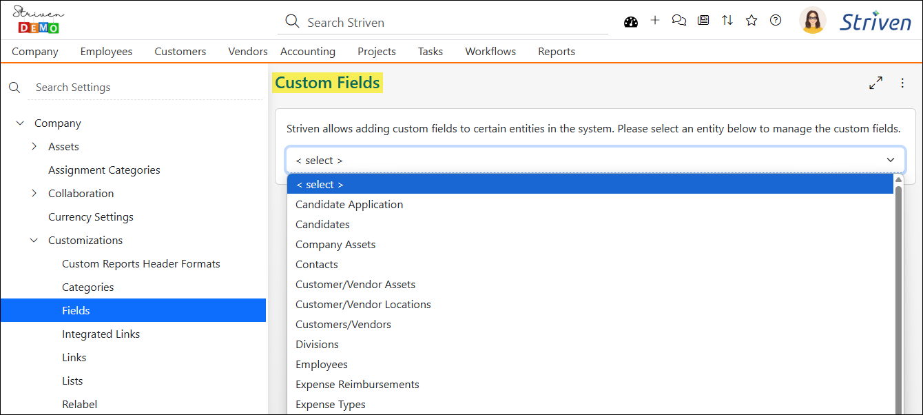 Custom Fields settings page showing a drop-down list of the available entities to select from