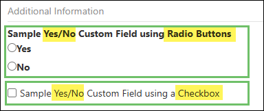 Examples of how the two Yes/No Custom Field Display Types appear