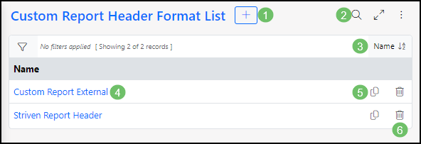 Image of the Customer Report Header Format List Page