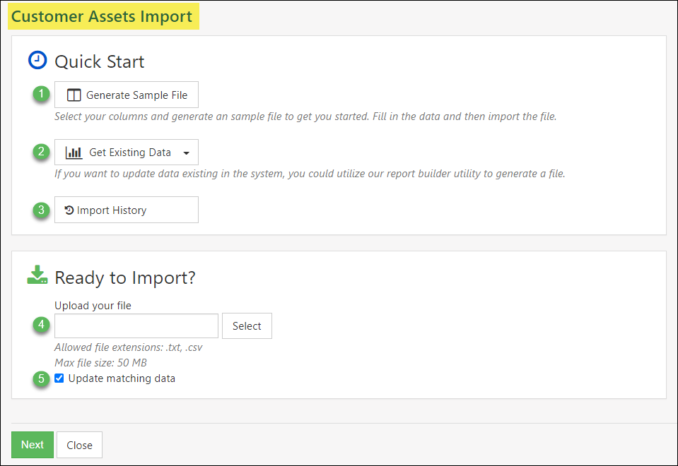 Customer Asset Import Page with generate sample file option, get existing data, import history, file upload, and option to match data for updates