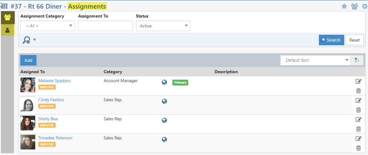 Customer Assignments Page including Assignments, Assigned To, Add assignment button and list of Assignees