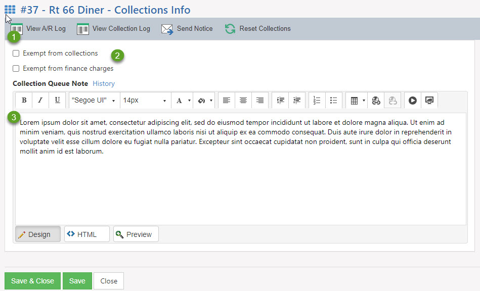 Customer Collections Page with AR Log, collections log, send notice, and reset collections