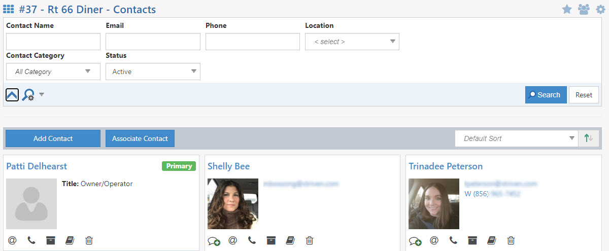 Customer Contacts page including search filters, add contact option and associate contact option.