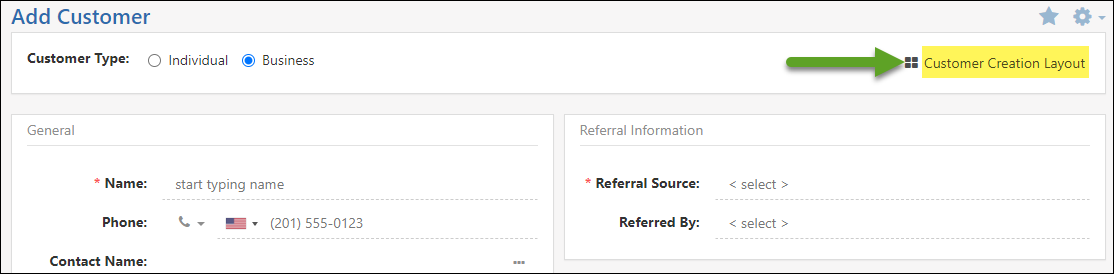 Customer Creation Layout shortcut to configure settings